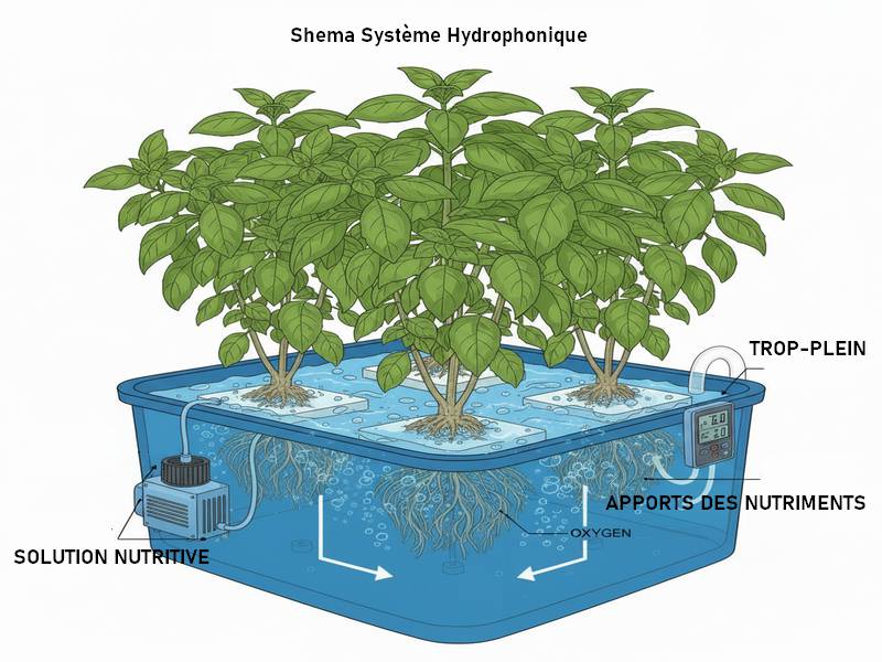 Schéma du fonctionnement d'un système hydroponique avec racines immergées