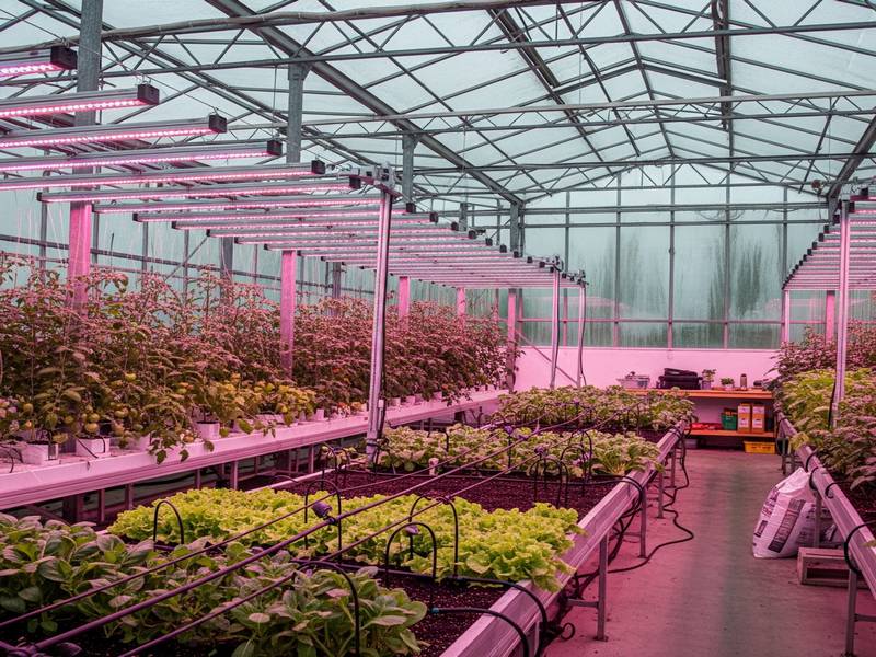 Serre équipée de barres LED horticoles en complément