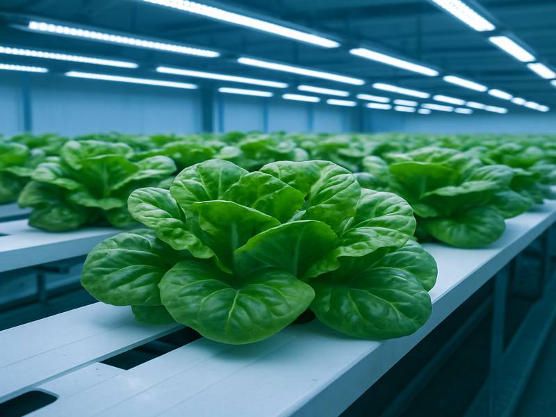 Laitues sous éclairage LED spectre froid en hydroponie NFT
