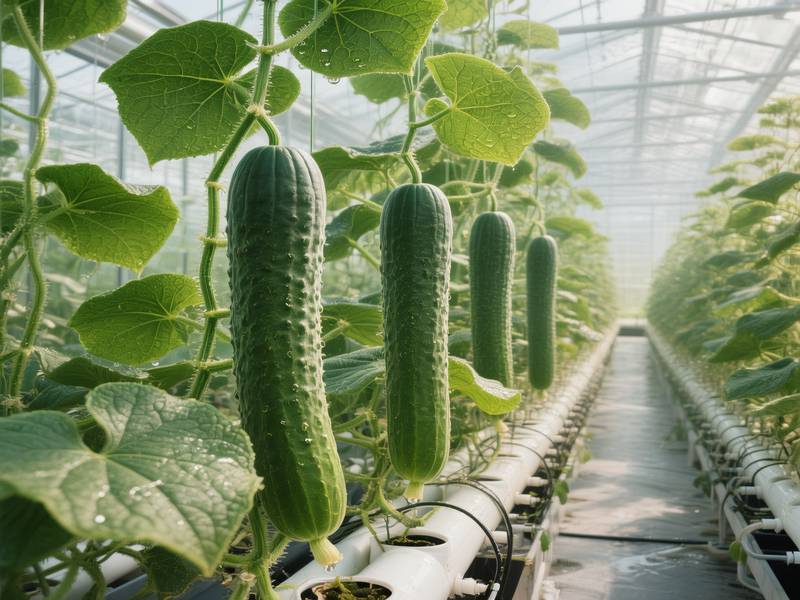 Concombres longs de type anglais suspendus dans une serre hydroponique, feuilles vertes saines