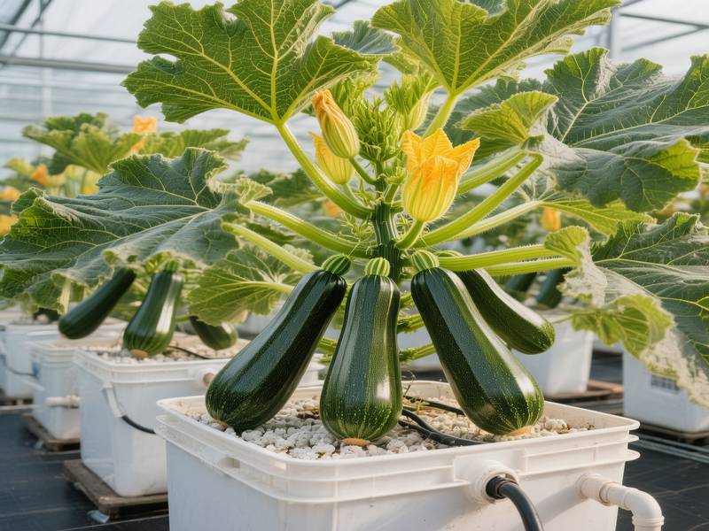 Plant de courgette massif en système Dutch Bucket hydroponique avec des fruits verts prêts à la récolte