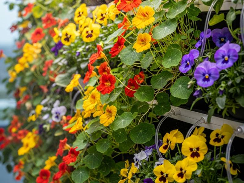 Mur végétal hydroponique de capucines et pensées en pleine floraison