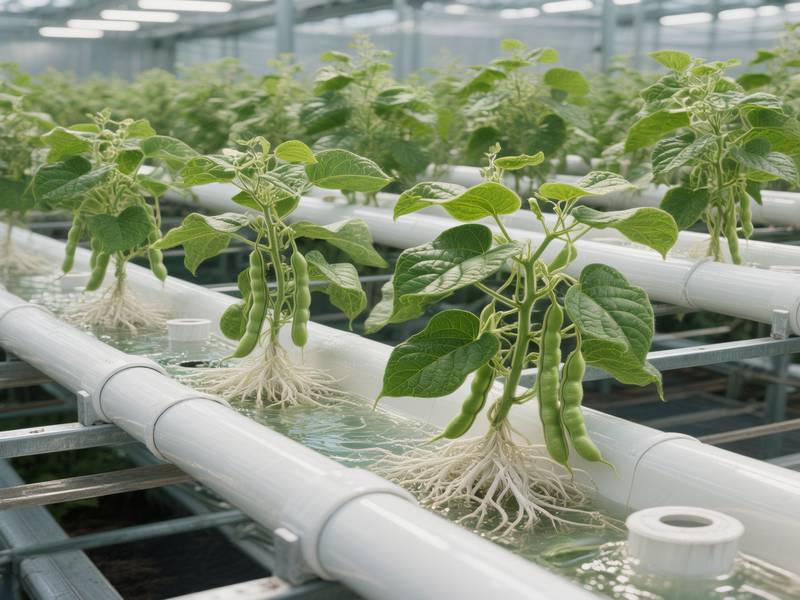 Haricots verts fins poussant en système NFT avec des racines saines blanches