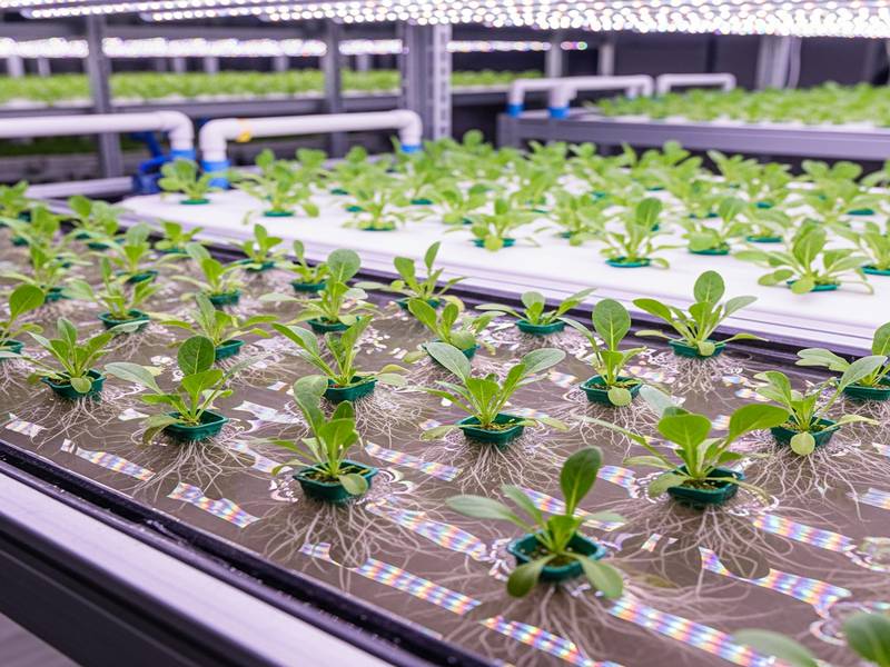 Rosettes de mâche vert foncé cultivées en système hydroponique NFT