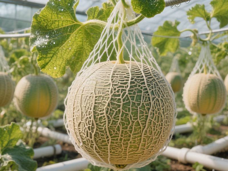 Mini melon cantaloup suspendu dans un filet en culture hydroponique sous serre