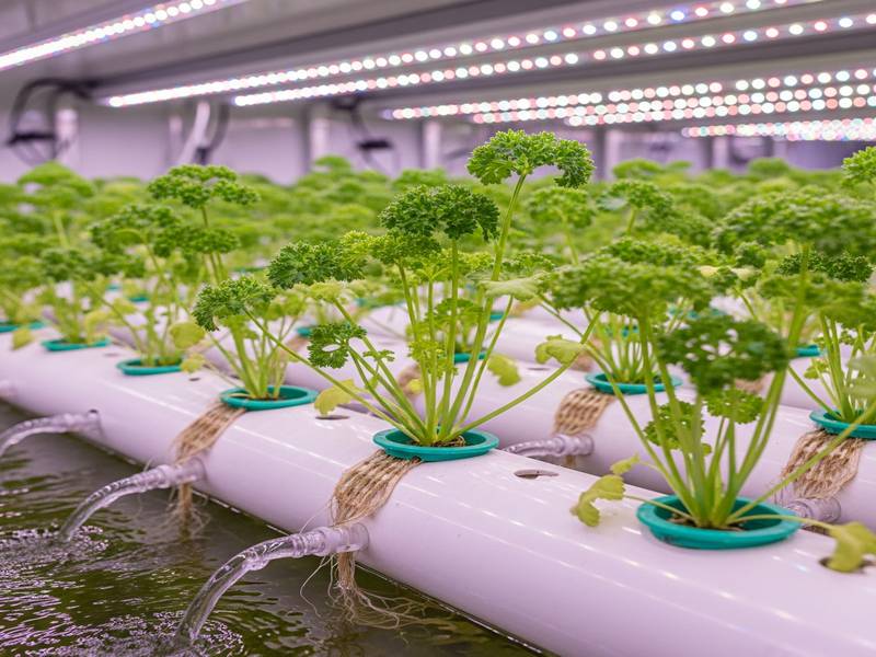 Persil frisé et plat vigoureux en culture hydroponique