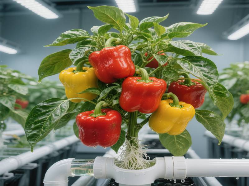 Poivrons rouges et jaunes mûrissant sur un plant vigoureux en culture hydroponique d'intérieur