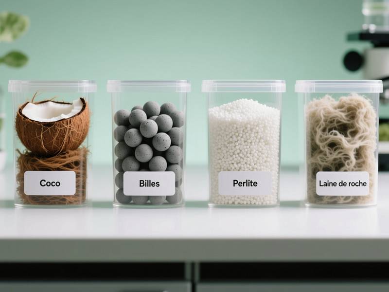 Collection de substrats hydroponiques : coco, billes, perlite, laine de roche
