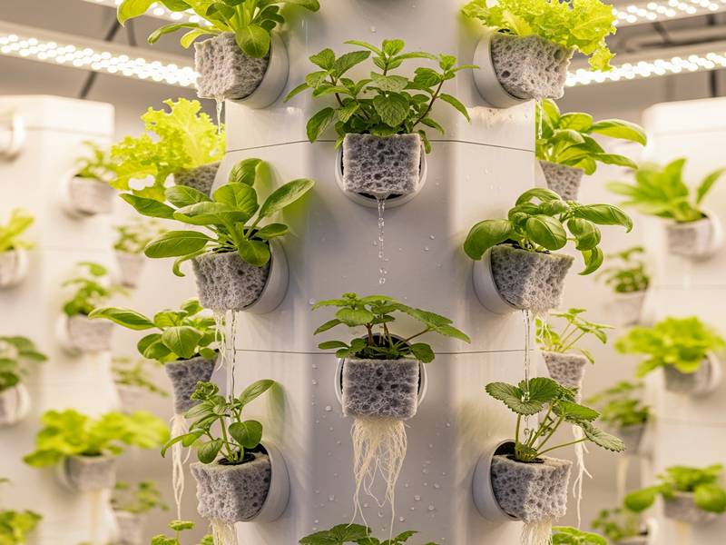 Tour hydroponique verticale avec cubes de laine de roche