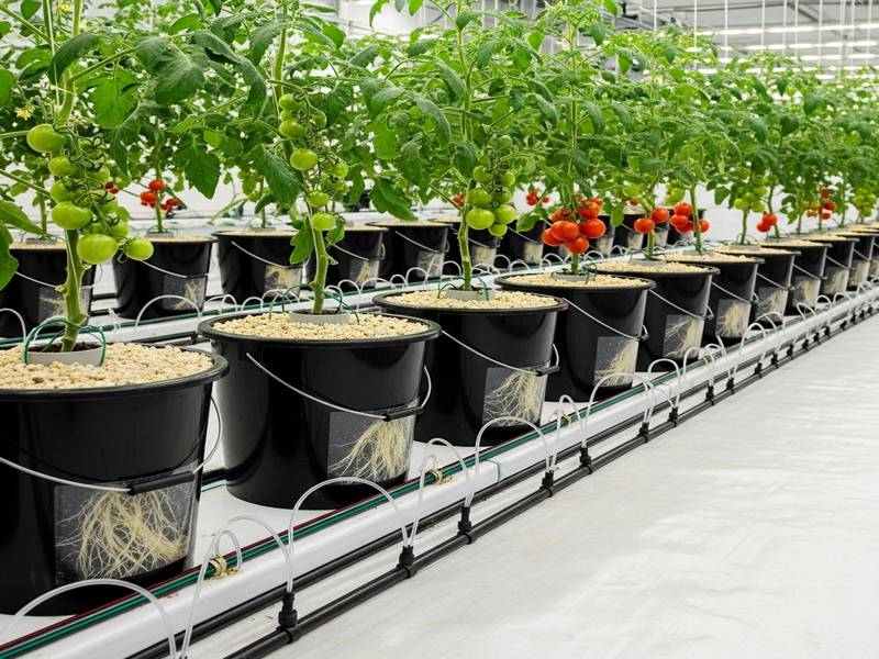 Rangée de seaux Dutch Buckets noirs connectés par des tuyaux avec des pieds de tomates