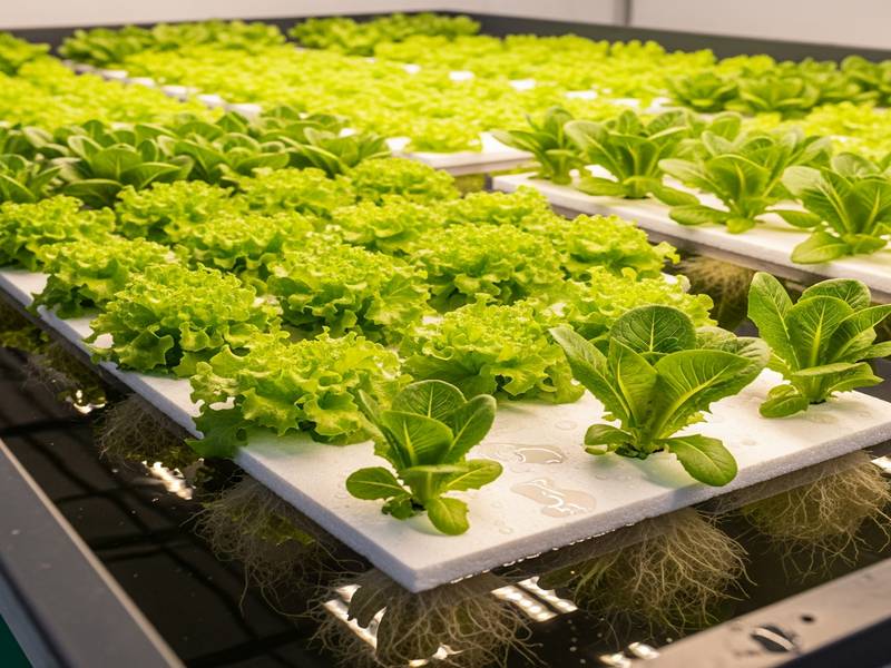 Grand bassin hydroponique avec des planches de polystyrène flottantes couvertes de laitues