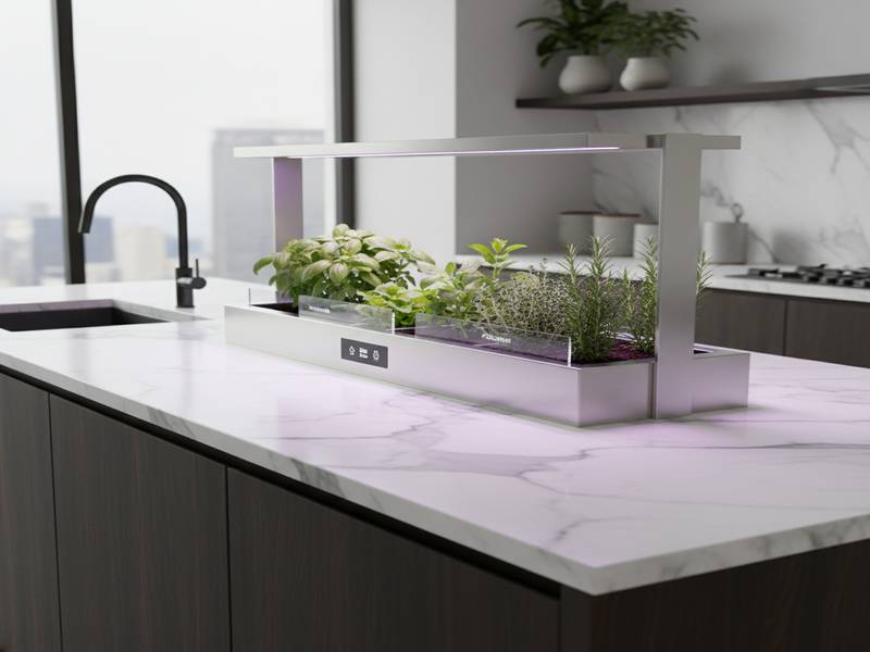 Potager d'intérieur design intégré dans un plan de travail de cuisine moderne en marbre