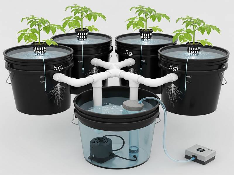 Schéma d'un système RDWC avec 4 seaux connectés à un réservoir central