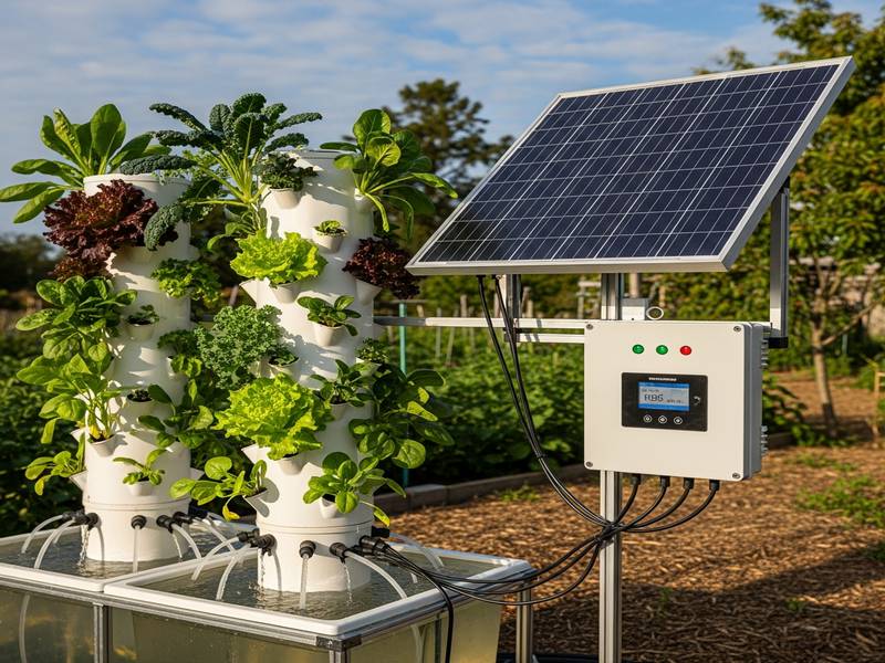 Système hydroponique en extérieur alimenté par un panneau solaire et boitier de contrôle